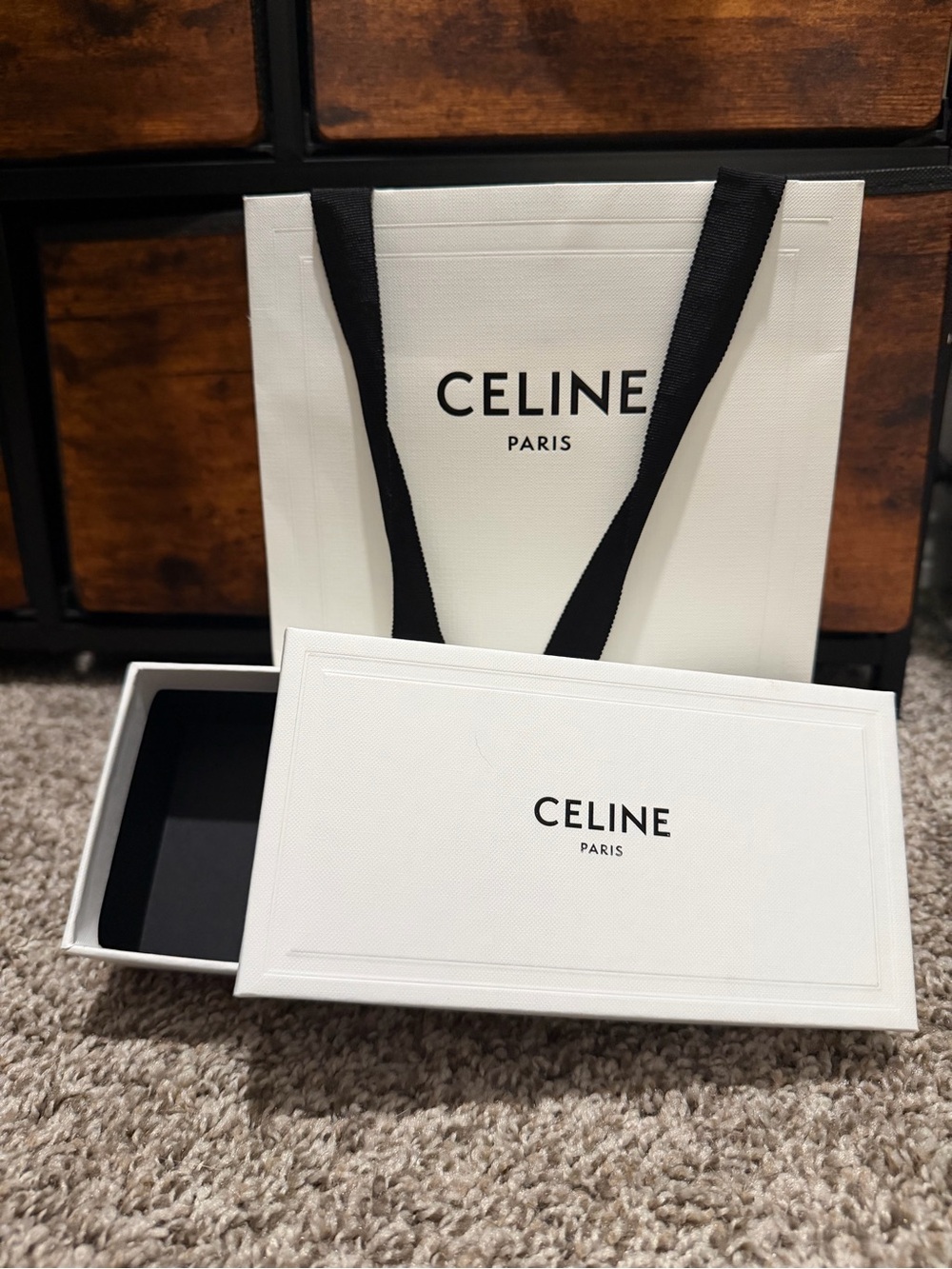 Celine White Box and White Shopping Bag with Black Handles